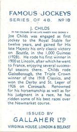 1936 Gallaher Famous Jockeys #18 Joe Childs Back
